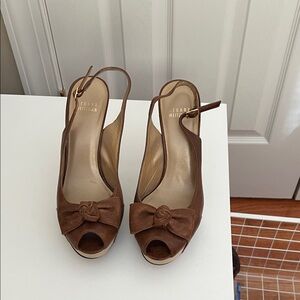 Stuart Weitzman Brown Bow Peep-Toe Heels